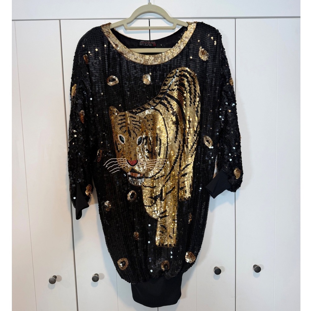 Rare Vintage 80s 100% Silk Sequin Tiger Mini Dress Black Gold Beaded Dolman Sz S - Picture 1 of 10